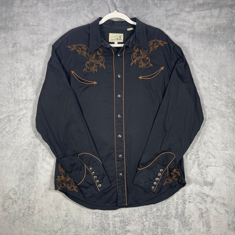 Roper Western Shirt Mens XL Black Embroidered Winged Skull Pearl Snap